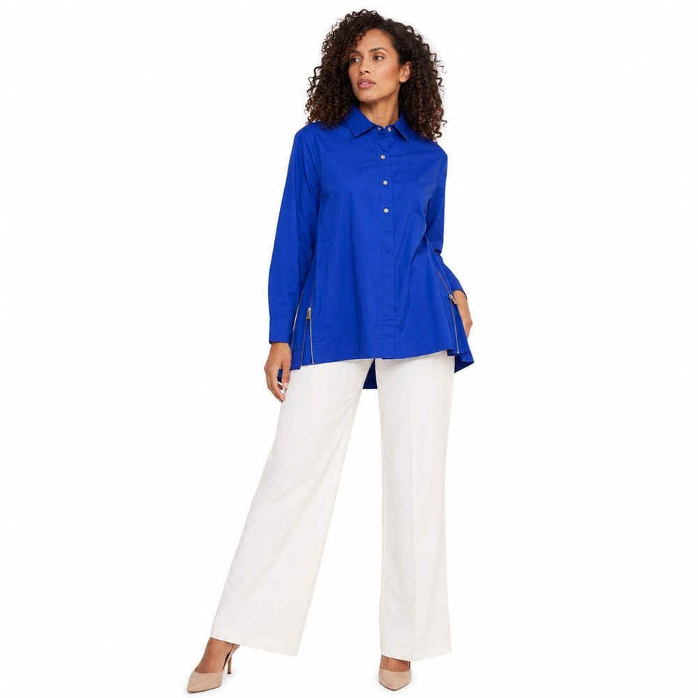 Hinson Wu Savannah Relaxed Fit Shirt Blue Side Zip Quiet Luxury Preppy Womens‎ M